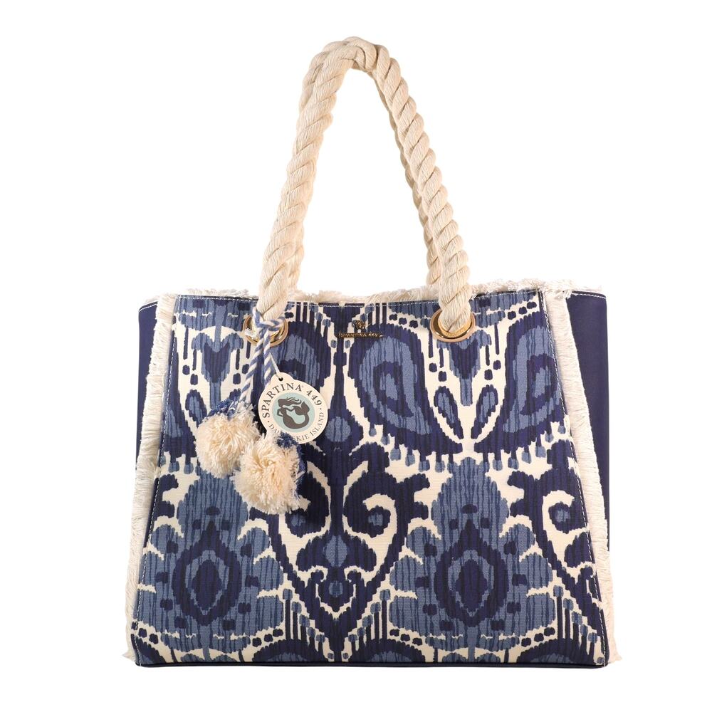 Spartina 449 Moonglade Boho Beach Tote–Large Rope Handle Bag-Blue Ikat - NWT - Picture 1 of 6